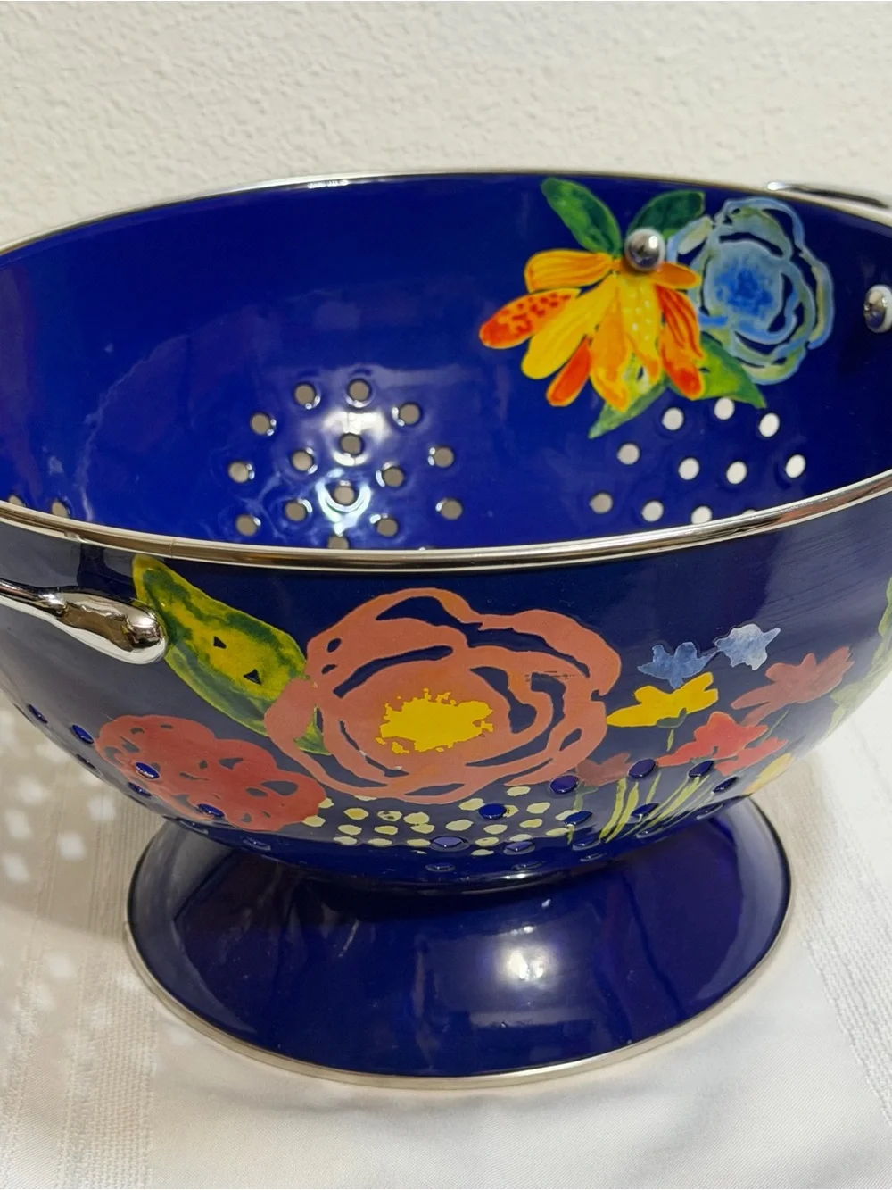 The Pioneer Woman Strainer 5 Quart Cobalt Blue Flowers Stainless Steel